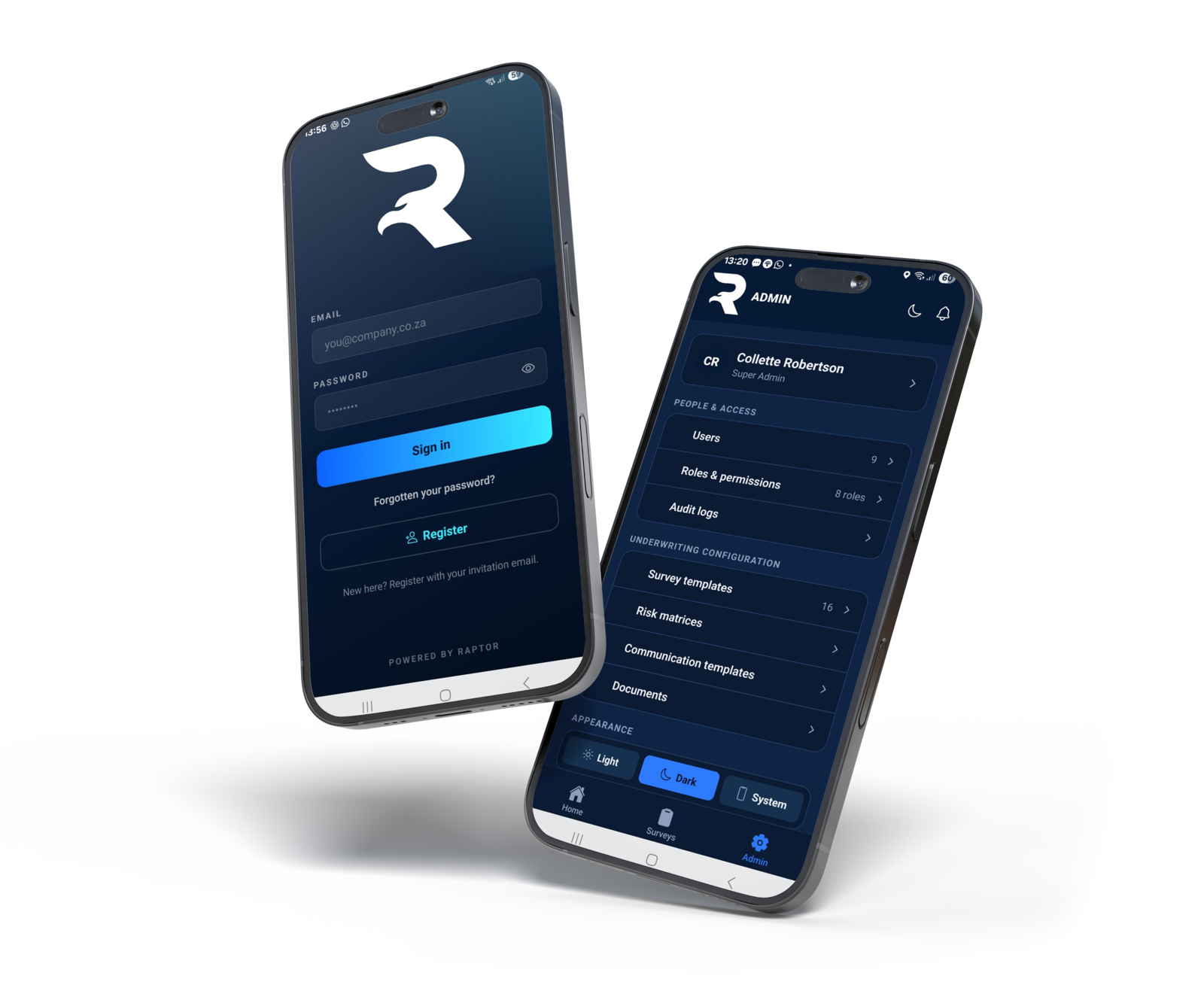 Raptor mobile app sign-in and admin screens